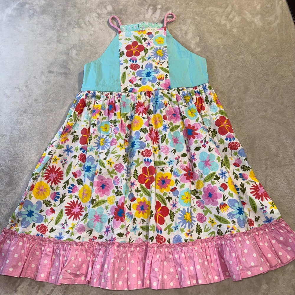 Matilda Jane Girls Floral Halter Dress Pink Polka Dot Ruffle Hem Size 8